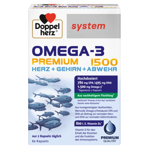 Abbildung der Produktverpackung Doppelherz system OMEGA-3 PREMIUM 1500 Frontansicht